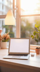 Wall Mural - Laptop with blank screen on table near window at home. Mock up