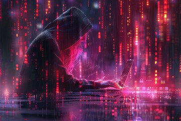 Wall Mural - Hacker in a hood using a laptop, coding and data on a code background. Digital symbols and abstract technology concept. Generative AI