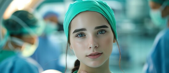 A woman in a blue surgical cap and gown is smiling at the camera