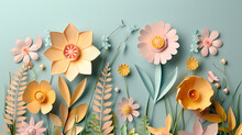 Paper Shaped Flower Bouquet Isolated On Pastel Background. Spring Card Woman's Day, 8 March, Easter, Mother's Day, Birthday Card, Anniversary