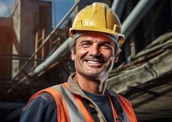 A man wearing a yellow hard hat and blue overalls is smiling