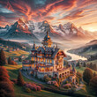 swiss village in the mountains, landscape of sunset with lake and clouds