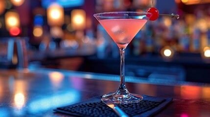 Martini With Cherry Garnish on Bar