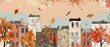 The illustration is a flat cartoon modern illustration of an autumn gloomy city street with three-four story uneven houses, flies in the foliage, and puddles. It is a city landscape with autumn trees