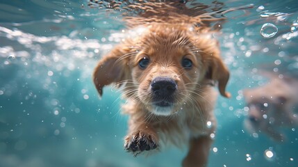 A puppy swimming across the wide water, light blue and aquamarine, bright colors. For posters, covers, background, pet