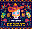 Cinco de mayo mexican holiday banner. Vector greeting card with colorful sugar skull donning a festive sombrero, surrounded by folk motifs of Mexico, tequila and maracas, celebrating cultural heritage
