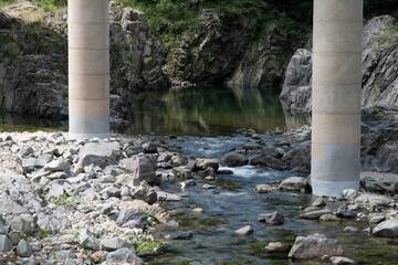 View of the bridge columns on the stream in the valley