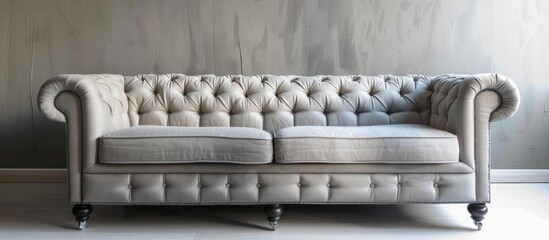 Canvas Print - A white tufted sofa is positioned in front of a gray-painted wall in an interior setting.