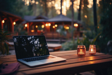 Canvas Print - Laptop and candles on a wooden table in a summer garden .