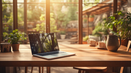 Wall Mural - Laptop on wooden table in coffee shop. Freelance concept .