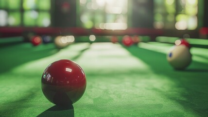 Wall Mural - A mesmerizing close-up of snooker balls and cues on the green baize table