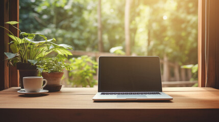 Canvas Print - Laptop with blank screen on wooden table in coffee shop with green nature background