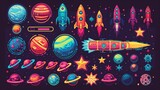 Fototapeta  - An 8bit pixel art game asset collection, featuring space planets, rockets, and starcraft, alongside a vector font and pixelated game buttons, offering 8 bit pixel game navigation buttons, power bars