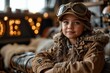 Cute little girl in a pilot's hat and a khaki jacket.