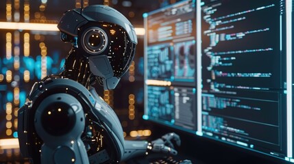 AI technologies. The robot studies the program code on the monitor screen.