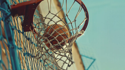 Basketball hoop and ball in basketball court. Close-up. AI.