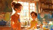A vibrant digital art scene shows a boy and his mother cooking in a colorful kitchen.