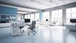 © Ilia - Blurred contemporary modern office white interior space background with natural bright light, with rows of sleek desks, ergonomic chairs, and computer workstations. Work environment.