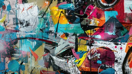 Wall Mural - Abstract colorful background with geometric textured oil or acrylic shapes. Artistic banner with expressive graffiti wall texture and brush strokes