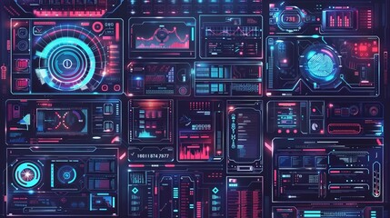 Wall Mural - Futuristic frames within a cyberpunk HUD, featuring square screens, callouts, titles, and radars, alongside digital info boxes and sci-fi UI panels, presented as a virtual interface vector set