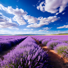 Canvas Print - A field of blooming lavender under a blue sky. 