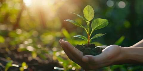 Wall Mural - Hand holding a tree seedling, with a green background for the environment and ecology concept with sunlight. 