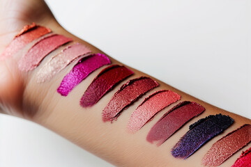 Swatches of colorful lipstick shades on arm