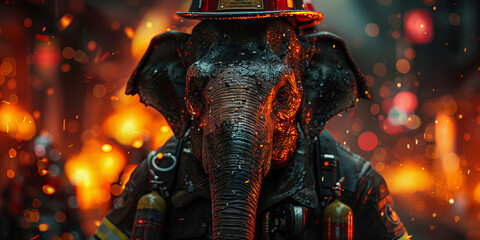 Brave Firefighting Elephant Standing Heroically Amidst Fiery Blaze Banner