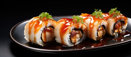 Poster - Close-up of a plate filled with a variety of sushi rolls and drizzled with a flavorful sauce, a perfect meal at a restaurant