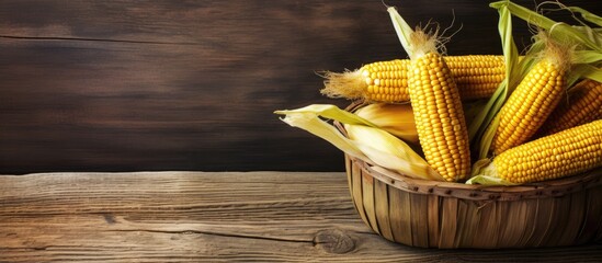 Poster - Fresh and ready-to-eat ripe corn displayed in a charming basket on a natural wooden tabletop