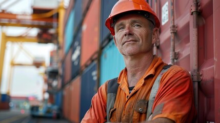 A man in an orange safety vest and hard hat leaning against a red shipping container with a backdrop of industrial cranes and shipping containers.