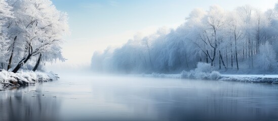 Poster - Winter scene where trees are covered in snow and frost along a river, seen from a bridge crossing the river