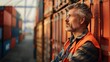 A man with a beard and gray hair wearing an orange vest leaning against a cargo container looking contemplative.