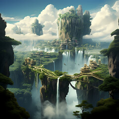 Poster - A surreal landscape with floating islands and waterfalls