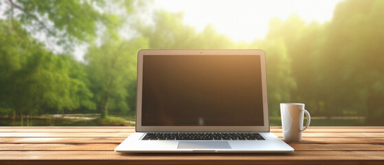 Laptop and coffee cup on wooden table in the park at sunset