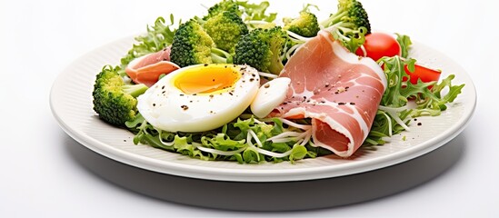 Aufkleber - Plate filled with a variety of food items including meat, vegetables, and eggs, providing a nutritious and balanced meal with ham, broccoli, and sesame seeds