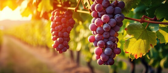 Fototapete - Ripe grapes are hanging from the vineyards of grape trees in a beautiful sunset vineyard setting