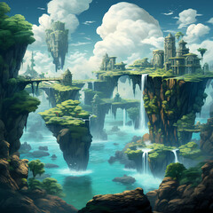 Poster - A surreal landscape with floating islands and waterfalls