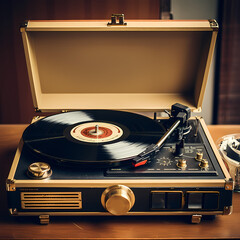 Canvas Print - A vintage record player with vinyl records. 