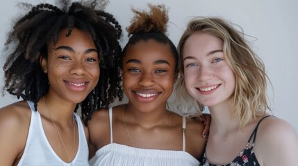 Canvas Print - Three young women with different hair colors and styles smiling and posing closely together against a plain background wearing sleeveless tops.