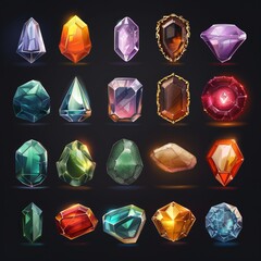 Poster - Set of precious stones, multicolored gems isolated. Icons for games