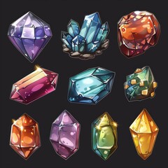 Poster - Set of precious stones, multicolored gems isolated. Icons for games