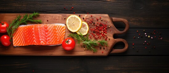 Aufkleber - A wooden cutting board is topped with fresh salmon fillet, ripe tomatoes, and garnished with herbs and lemon slices, set on a wooden table.