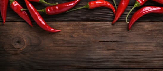 Poster - Group of vibrant red hot peppers arranged on a wooden table alongside a fresh green leaf, creating a colorful and natural display
