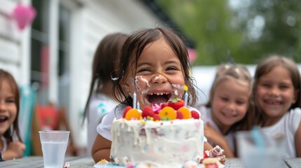 Happy young girl blowing out candles on a colorful birthday cake surrounded by friends.