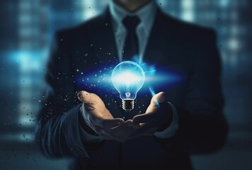 Wall Mural - A man is holding a light bulb in his hand. The light bulb is glowing brightly, and the man is wearing a suit and tie. Concept of innovation and progress