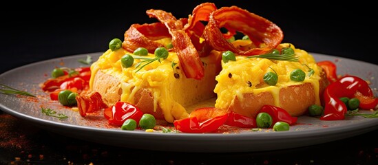 Fototapete - A plate holding a combination of crispy bacon, scrambled eggs, fresh tomatoes, and green peas