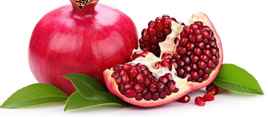 Poster - A single ripe pomegranate fruit segment with its vibrant red seeds and green leaves, displayed on a white background for aesthetics