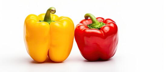 Aufkleber - Two colorful bell peppers, one yellow and one red, are placed side by side on a clean white surface
