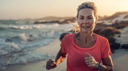 Sticker - A woman in an orange shirt running on a beach with a smile enjoying the ocean and sunset.